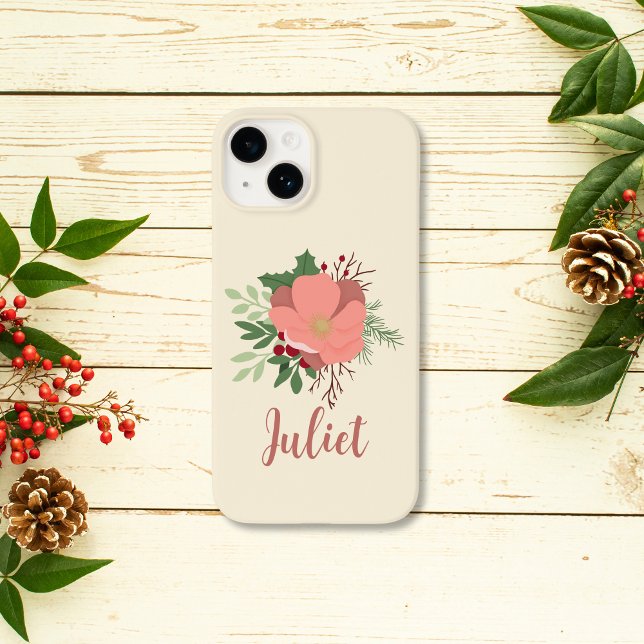 Nome Personalizado Botânico de Natal (coquette christmas pink botanical phone case personalized with name for friend gift)