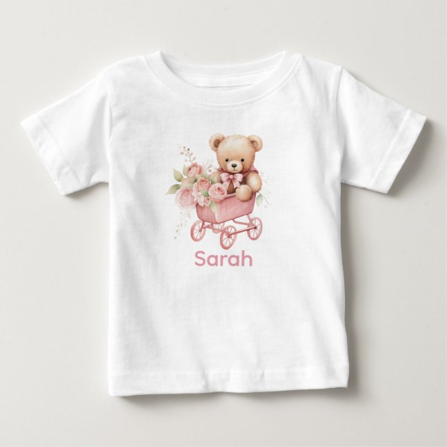 Nome Personalizado Camisa Bebê Rosa Teddy Bear (Frente)