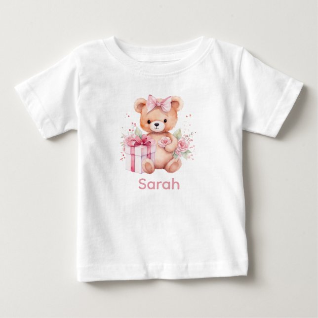 Nome Personalizado Camisa Bebê Rosa Teddy Bear (Frente)