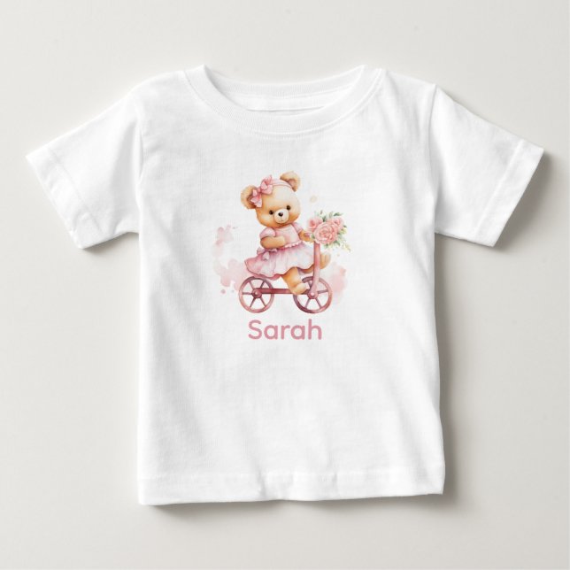 Nome Personalizado Camisa Bebê Rosa Teddy Bear (Frente)