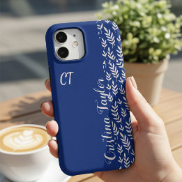Nome Personalizado Chic Azul Marinho & Folha Rosa