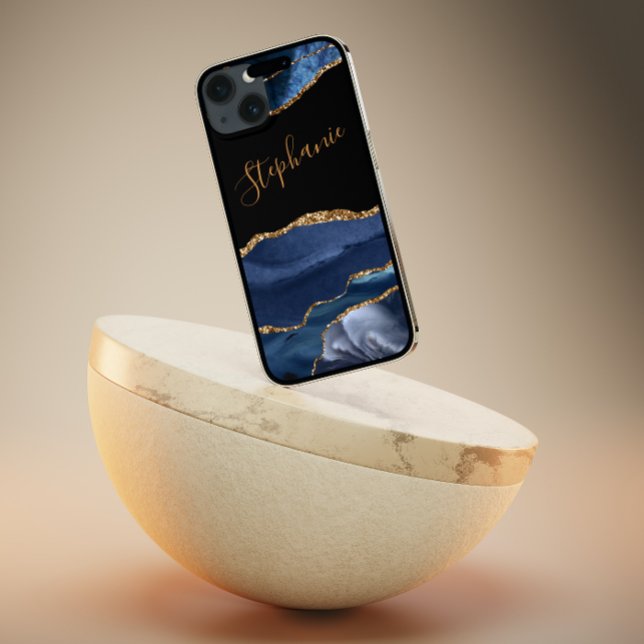 Nome Personalizado da Glitter Dourada Azul Agate (Criador carregado)