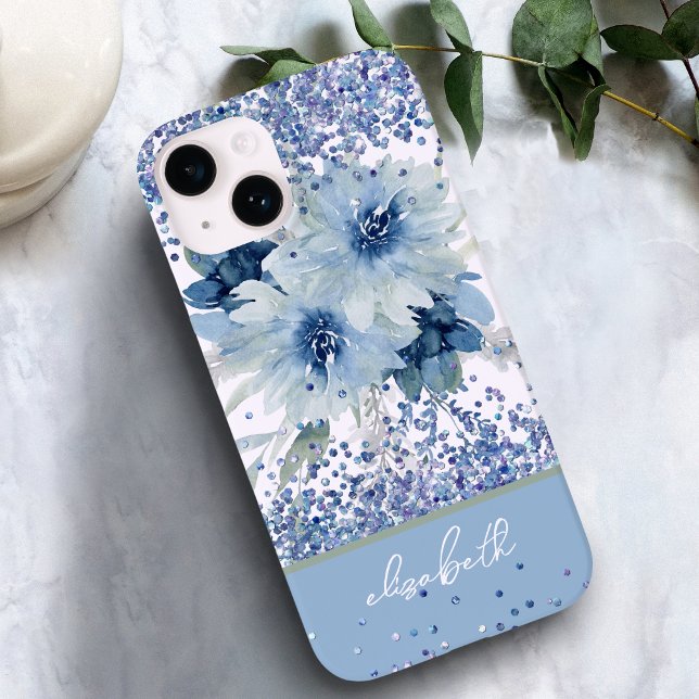 Nome Personalizado da Glitter Floral Azul Personal (Criador carregado)