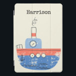 Nome Personalizado da Ilustração Azul Vermelha do<br><div class="desc">Esta capa de ipad personalizada fofinha apresenta uma ilustração esbranquiçada de um rebocador em vermelho e azul. Personalize-o com o seu nome. ideia de presente de excelente.</div>