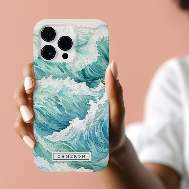 Nome personalizado das ondas azuis de cor aquática (Watercolor blue waves custom name Case-Mate iPhone case)