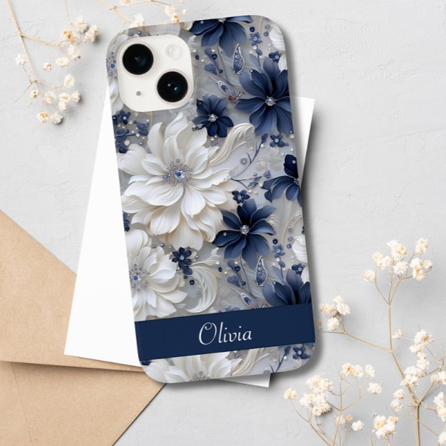 Nome Personalizado de Chic Floral Branco Azul Eleg (Criador carregado)