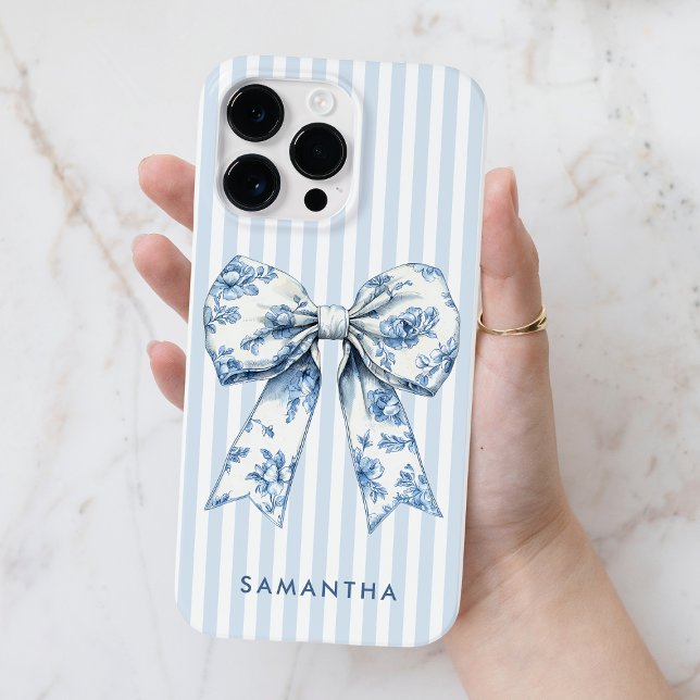 Nome Personalizado do Arco Nativo do Coquette Blue (Modern Coquette Blue Stripes Girly Bow Custom Name Case-Mate iPhone Case for Her)