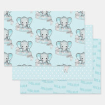 Nome Personalizado Elefante Bebê Menino Azul Cinza