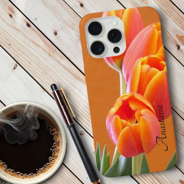Nome Personalizado Flores de Tulipas Laranja Vibra (back of a iPhone template case)