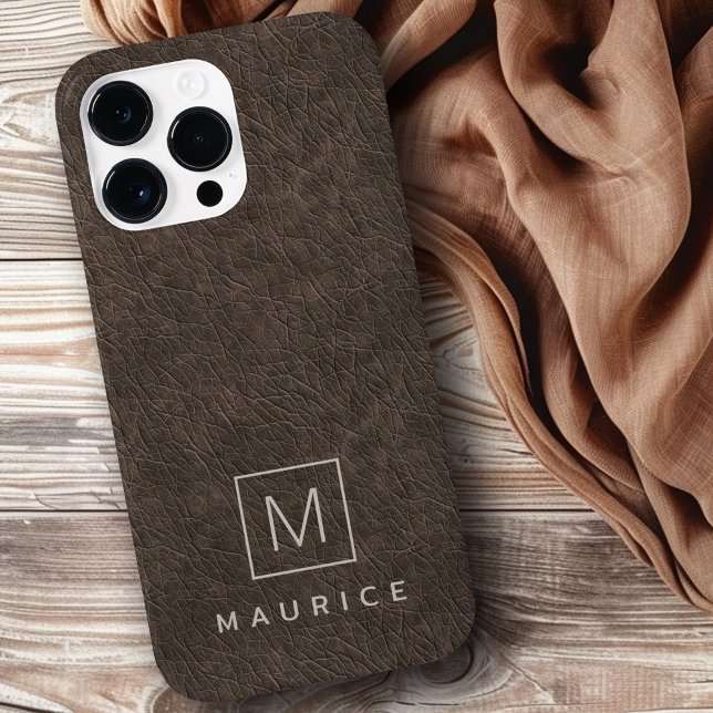 Nome personalizado inicial do impressão de couro c (Brown leather print monogram initial custom name Case-Mate iPhone case)