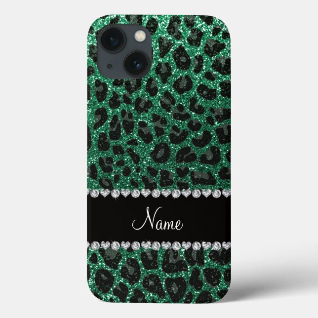 Nome personalizado mint verde brilho leopardo (Verso)