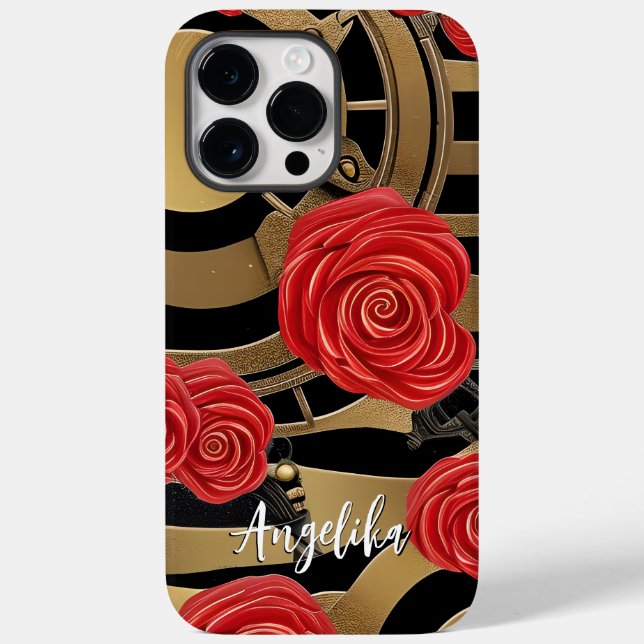 Nome personalizado Red e Dourado Abstrato Floral S (Verso)