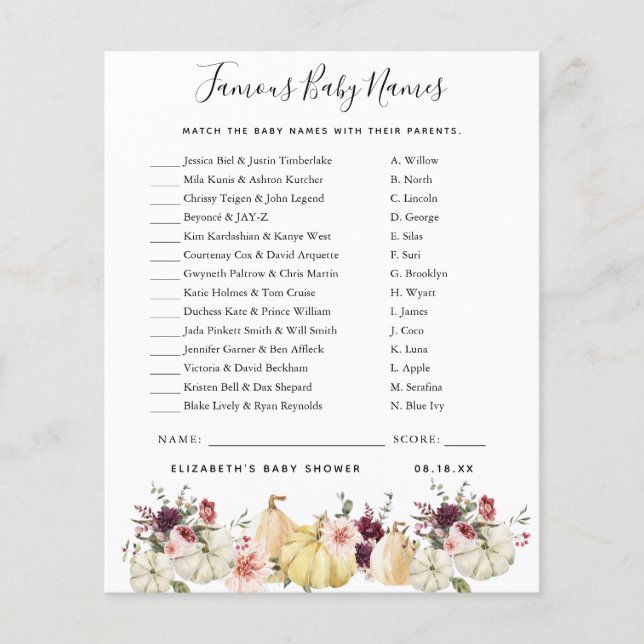 Nomes de Bebês Famosos | Jogo Chá de fraldas (Frente)