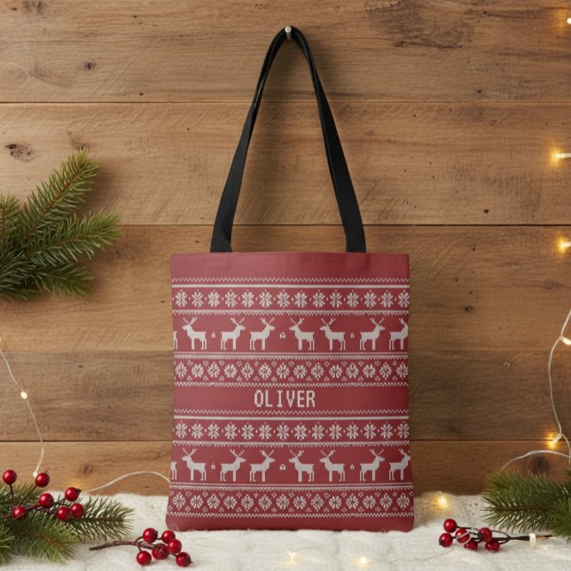 Nordic Reindeer Knit Pattern Personalized Tote Bag (Criador carregado)