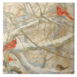 Northern Cardinals on a Snowy Branch