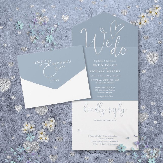 Nós Adoramos Casamento Azul Dusty Script Heart (We Do Love Heart Script Dusty Blue Wedding All In One Invitation)