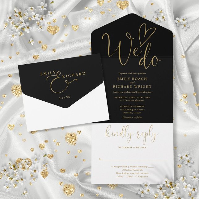 Nós Amamos Coração Script Casamento Preto e Dourad (We Do Love Heart Script Black And Gold Wedding All In One Invitation)