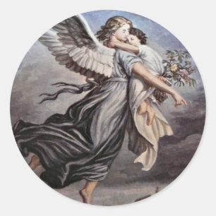 Nos braços de um adesivo de anjo