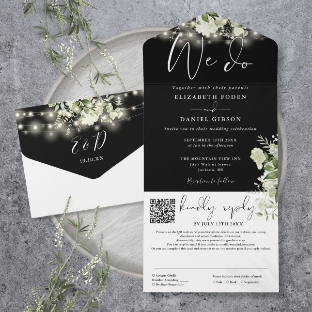 Nós Fazemos Luzes de Corda de Verde QR Code Casame (We Do Greenery String Lights QR Code Wedding All In One Invitation)