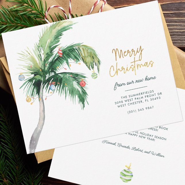 Nós movemos o anúncio móvel de feriado de árvore d (Christmas Moving Announcement Palm Tree Family Coastal New Home Address)