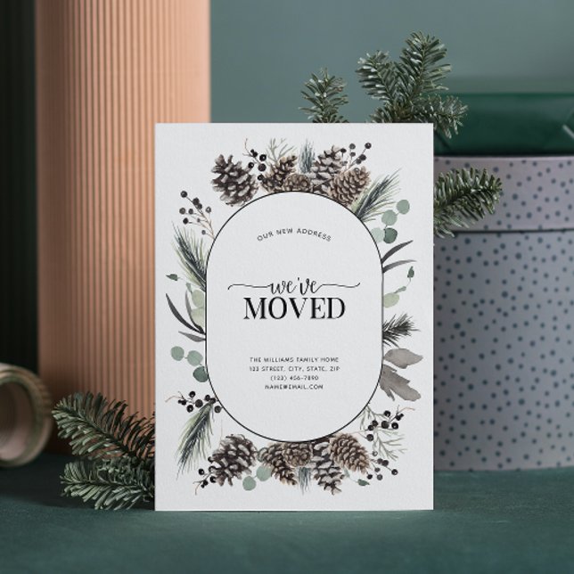 Nós mudamos o anúncio em movimento de inverno pret (Sending your family and friends a festive 'We've Moved!' Christmas card!
)