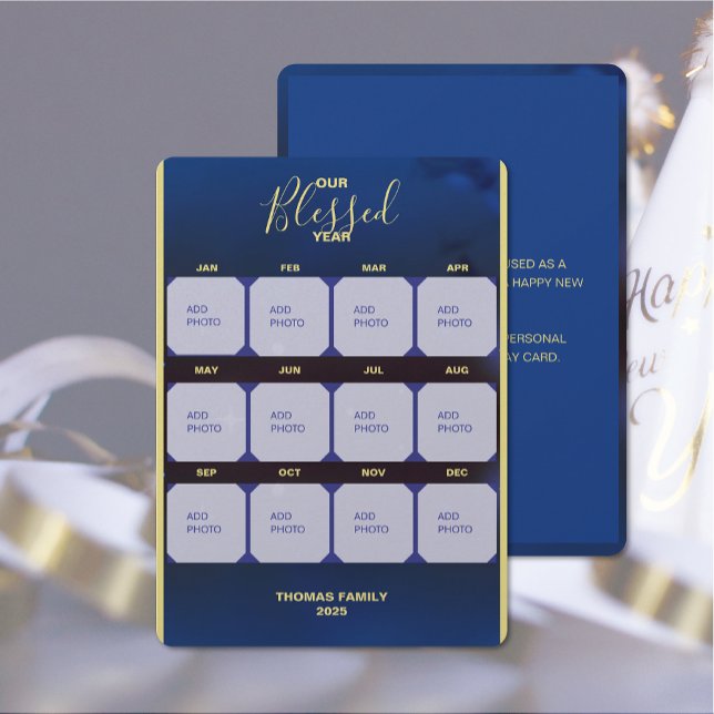 Nosso Cartão com fotos de Férias Planas de Ano Abe (Our Blessed Year Flat Holiday Photo Card (front and back))