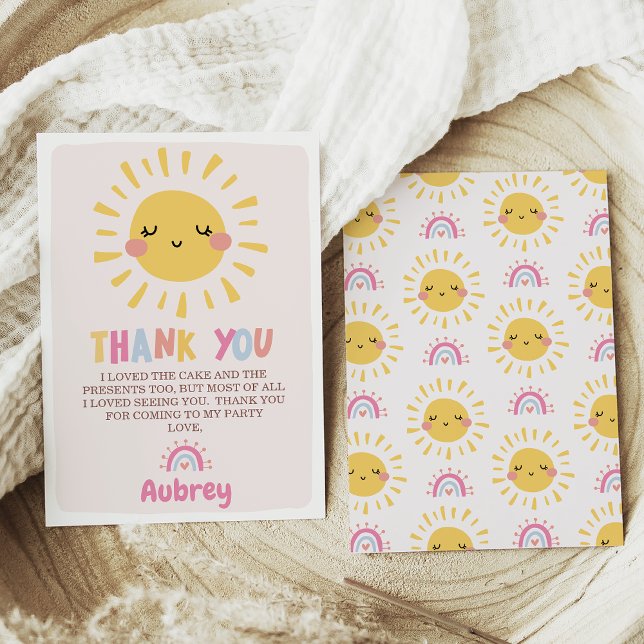 Nosso Pequeno Cartões de agradecimentos de anivers (Our Little Sunshine 1st Birthday Thank You Card, Girl Summer Birthday Thank You Card, Smiling sun)