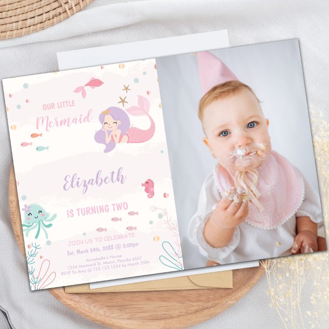 Nosso Pequeno Convite de Aniversário de Sereia Ros (Our Little Pink mermaid Invitations with photo)