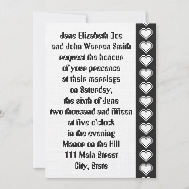 Nossos Corações de 8 Bits no Convite para Casament (Frente)