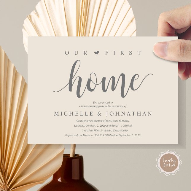 Nossos novos cartões de convite de festas caseiros (Our first home, Housewarming party celebration invitation card, in classy dark grey and cream)