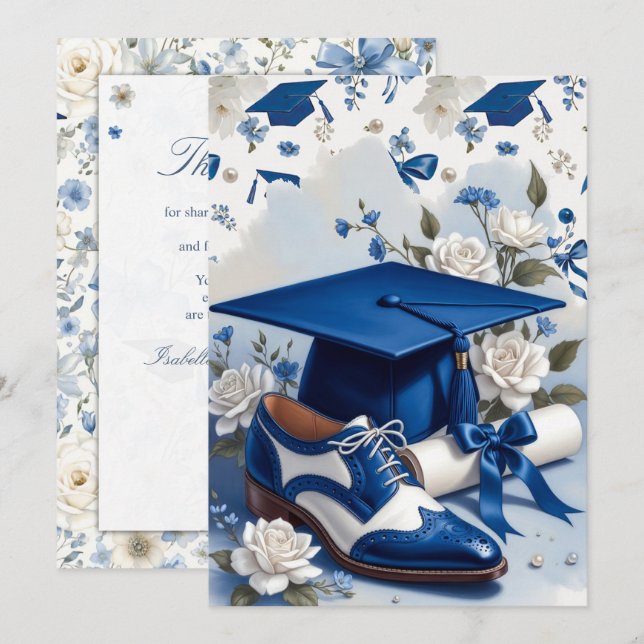 Nota de Agradecimento de Formatura Floral Azul e B (Frente/Verso)