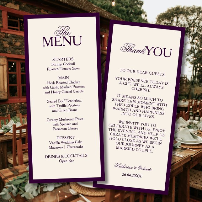 Nota de Agradecimento de Menu de Casamento Deep Pl (Criador carregado)