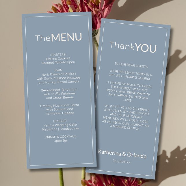 Nota de Agradecimento de Menu de Casamento em Azul (Criador carregado)
