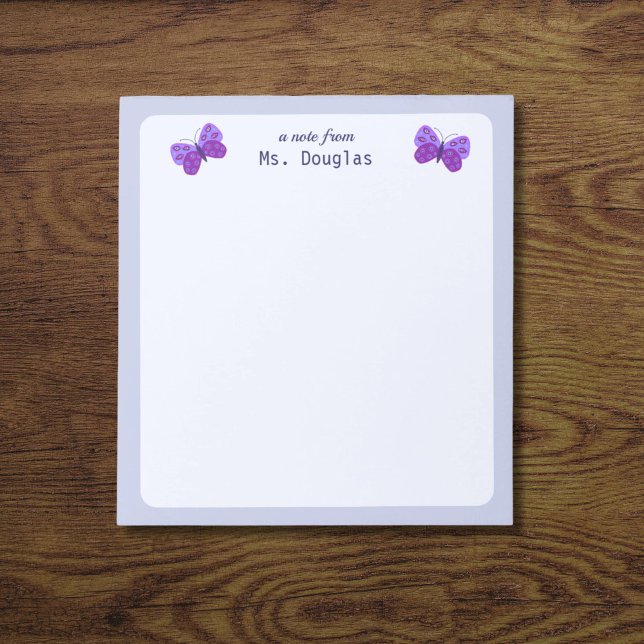 Nota Do Bloco De Notas Do Professor (Purple butterflies notepad for teacher.)