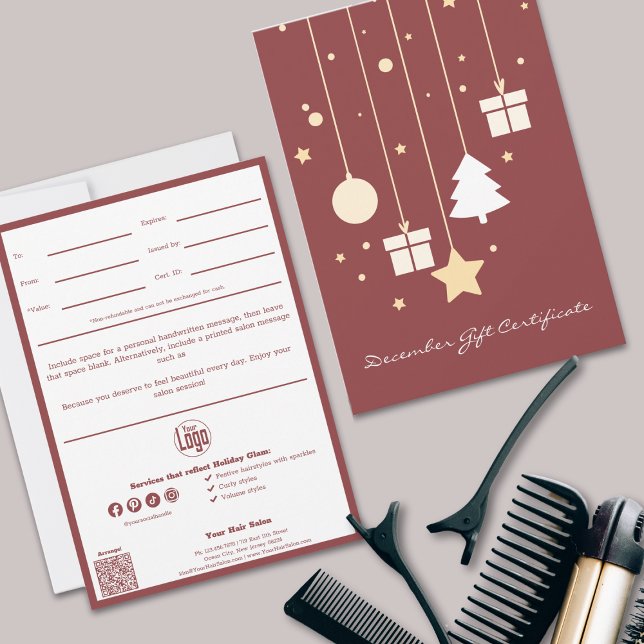 Nota sobre Serviços de Código QR Certificado de Pr (QR Code Services Note December Gift Certificate, Smoky Topaz & White, Hairstylist Holiday Glam)