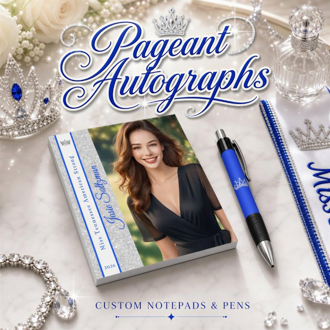 Notas Bloco de Autógrafos com Faixa de Brilho Prata (Complete your pageant brand with a custom photo notepad and pen set for autographs at pageants)