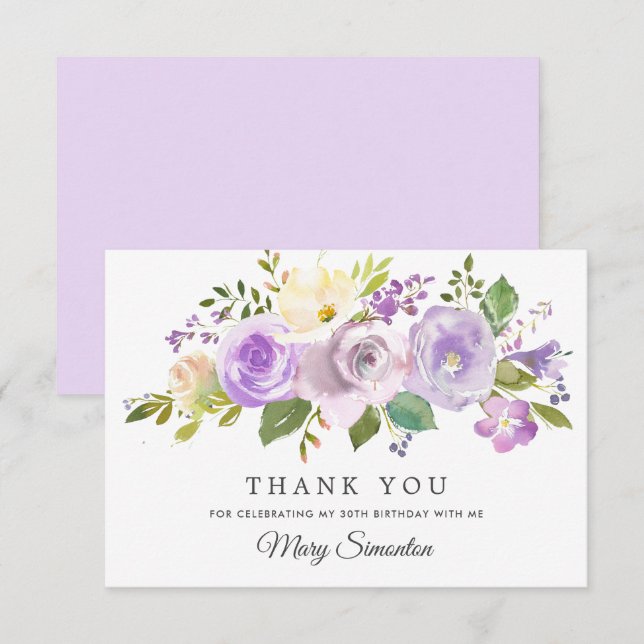 Notas Cartão de Agradecimento Flat Floral Rosa Roxa de 3 (Frente/Verso)