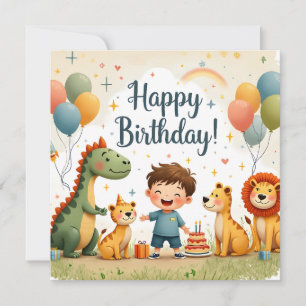Notas Cartão de Aniversário Fofo com Animais e Menino