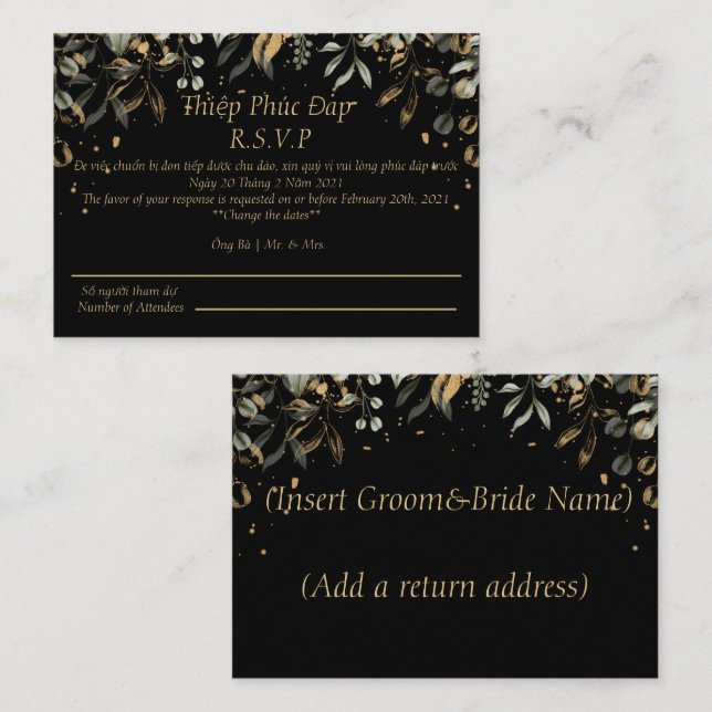 Notas Cartão de casamento RSVP Preto/Dourado Inglês/Viet (Frente/Verso)