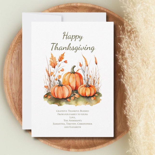 Notas Cartão de Dia Personalizado de Ação de Graças de o (Thanksgiving cards with pumpkins and botanicals Happy Thanksgiving)
