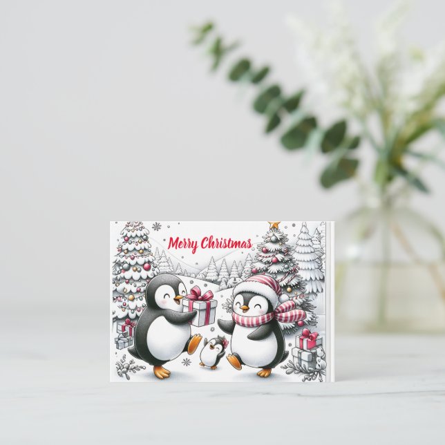 Notas Cartão de Natal Personalizado da Família Penguin S (Em pé/Frente)