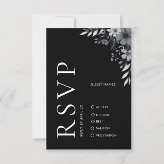 Notas Cartão de RSVP de Casamento Floral Preto Moderno e