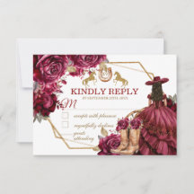 Cartão de RSVP de Quinceañera Cavalo Burgundy Gold