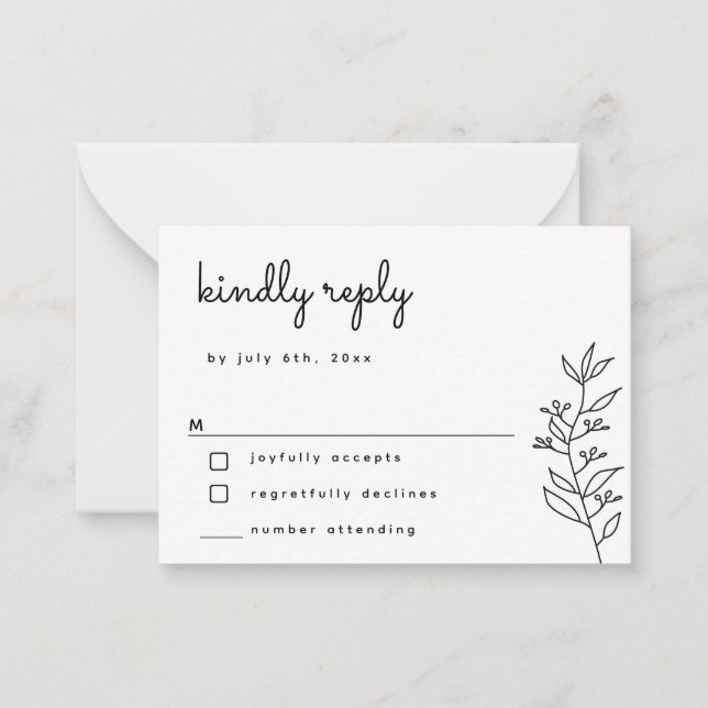Notas Cartão RSVP de Casamento Simples de Script Botânic (Frente)