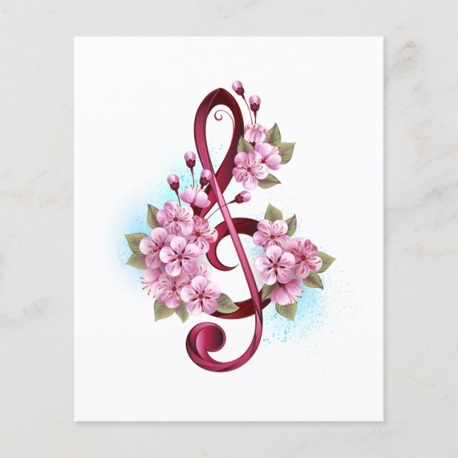 Notas de clave de trecho musical com flores de Sak (Frente)