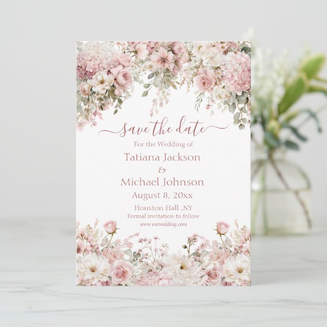 Notas elegante cartão de aviso de data com floral rosa e (Em pé/Frente)