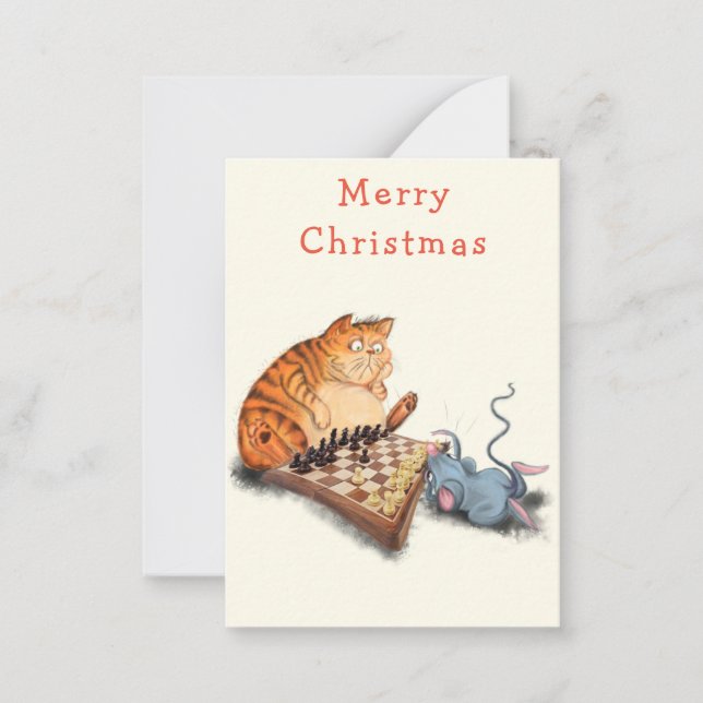 Notas Gato e Rato Jogando xadrez Engraçado Cartão de Nat (Frente)