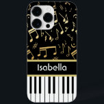 Notas Musicais e Chaves Pianas Pretas e Douradas<br><div class="desc">Um design elegante para o pianista ou jogador de teclado - com teclas de teclado com notas musicais de ouro em fundo preto. A cor de fundo pode ser alterada para qualquer cor, de acordo com as suas próprias necessidades e estilo, Personalize o texto na faixa colorida do ouro entre...</div>