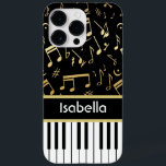 Notas Musicais e Chaves Pianas Pretas e Douradas<br><div class="desc">Um design elegante para o pianista ou jogador de teclado - com teclas de teclado com notas musicais de ouro em fundo preto. A cor de fundo pode ser alterada para qualquer cor, de acordo com as suas próprias necessidades e estilo, Personalize o texto na faixa colorida do ouro entre...</div>