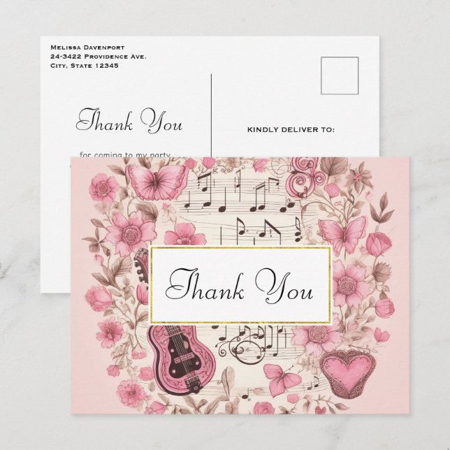 Notas Musicais e Flores Estilo Vintage Obrigado (Frente/Verso)